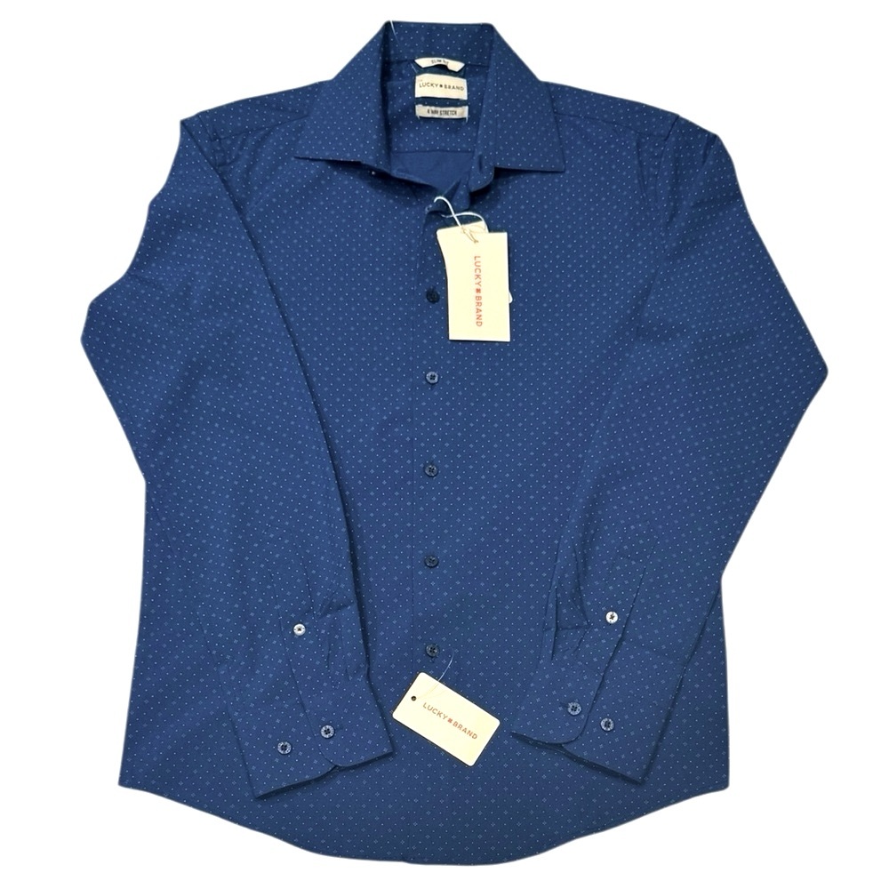 LUCKY BRAND Navy Blue Geo Print Long Sleeve Slim Fit Shirt NWT Small